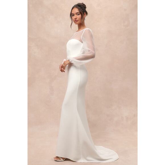 NWOT Lulus Immaculate Romance White Sheer Organza Long Sleeve Maxi Dress Sz S - Picture 1 of 7